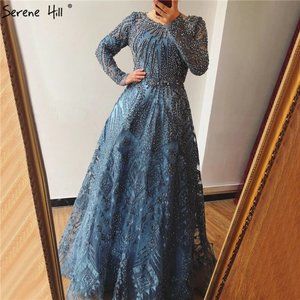 Dubai Luxury Designer Navy Blue Lace Beaded A line Evening Dresses 2